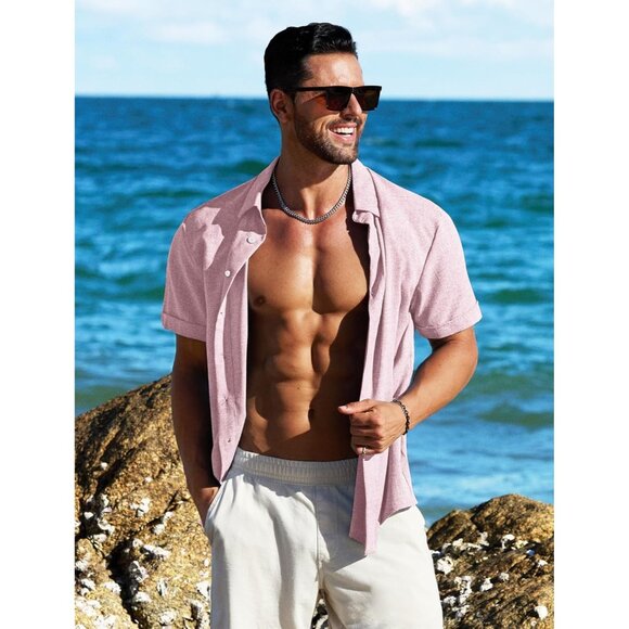 Men's Pink Linen Short Sleeve Button Down Casual Shirt Business Dress - Picture 2 of 6